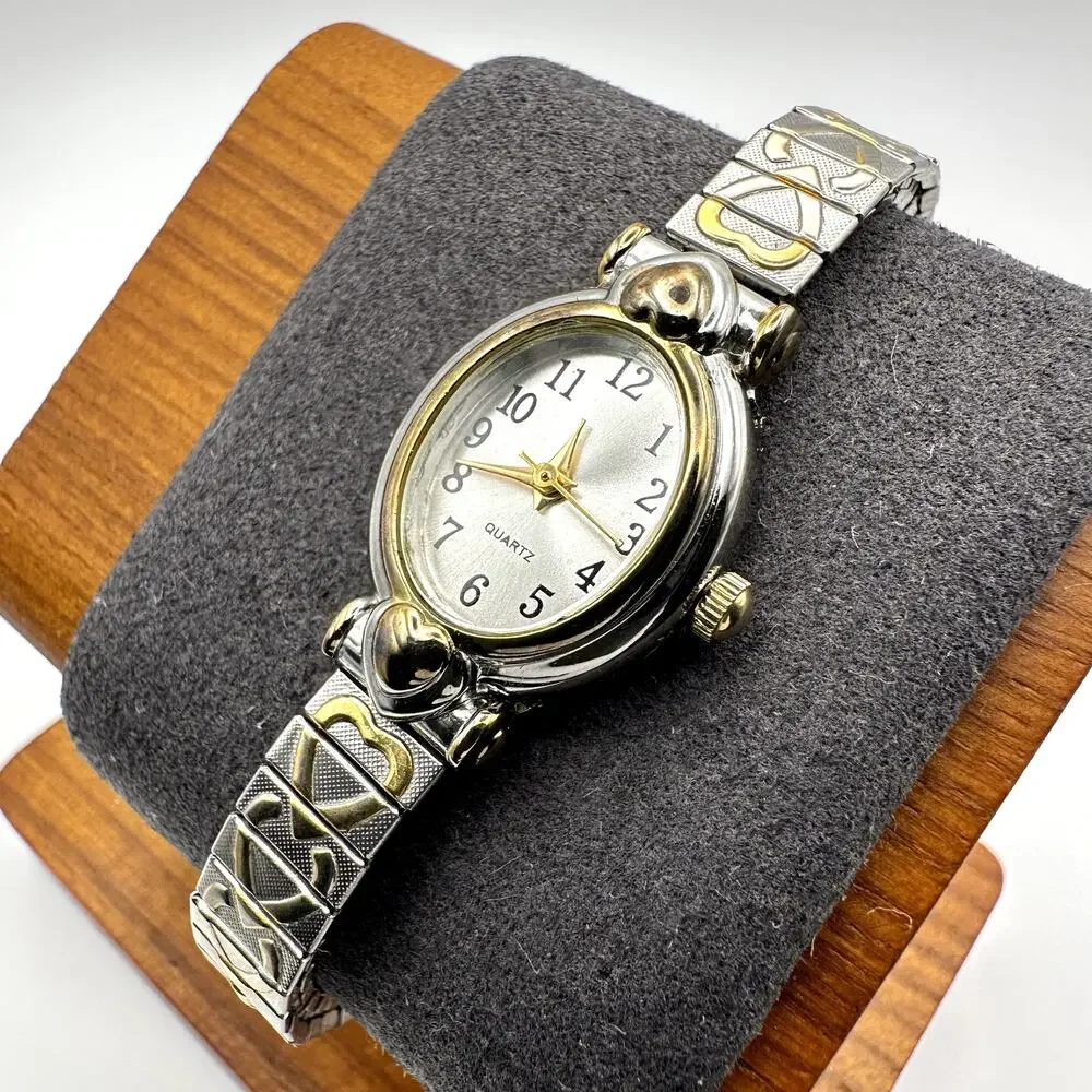 Oval Quartz Watch Two-Tone Silver And Gold Ladies Bracelet Hearts Pattern